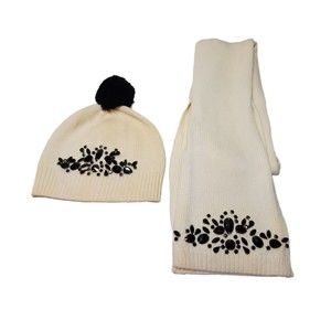 Talbots Jeweled Cream White Winter Hat and Scarf Set Onyx Black Stones